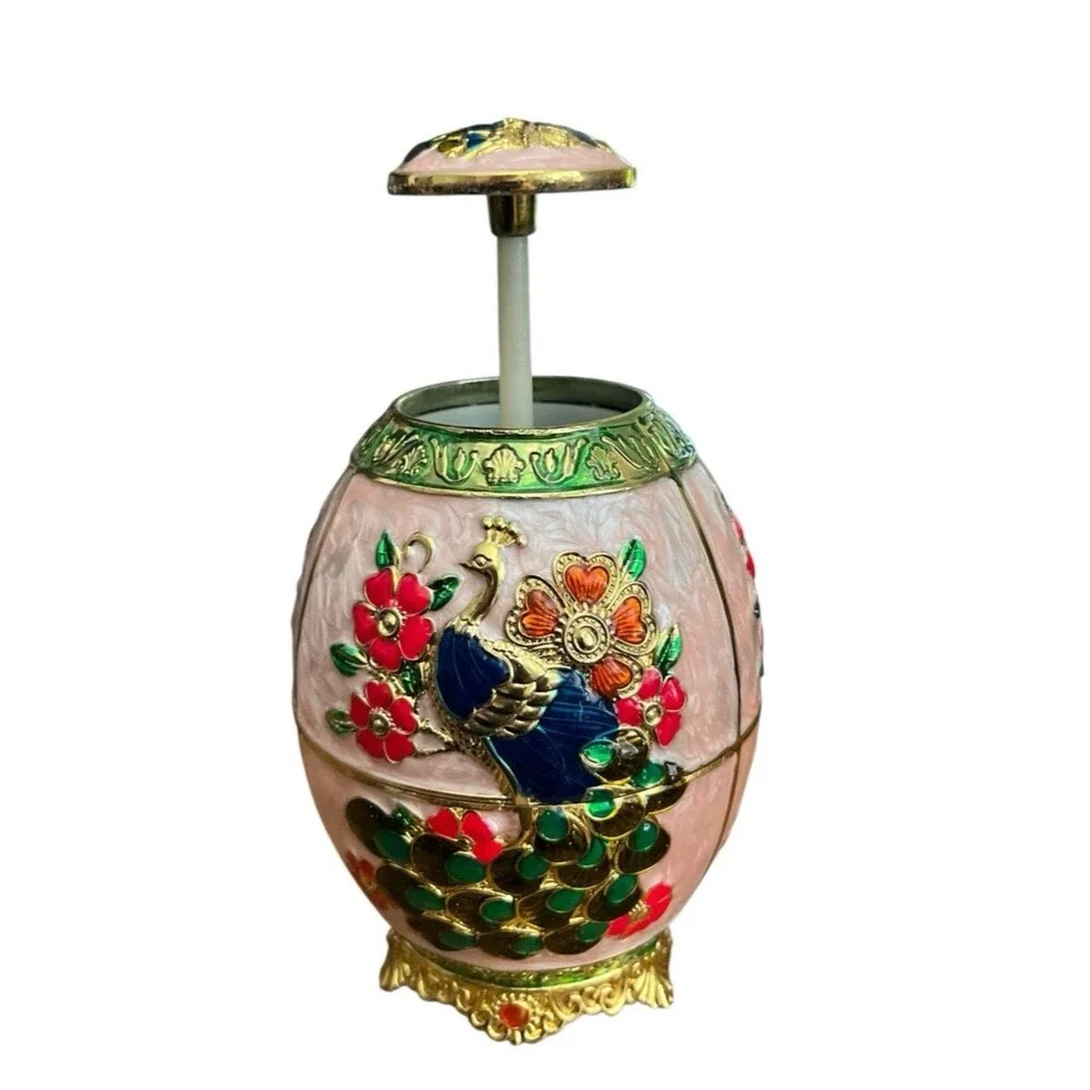 Enamel Retractable Toothpick Holder Peacock Egg-Shaped Decorative 4-1/2